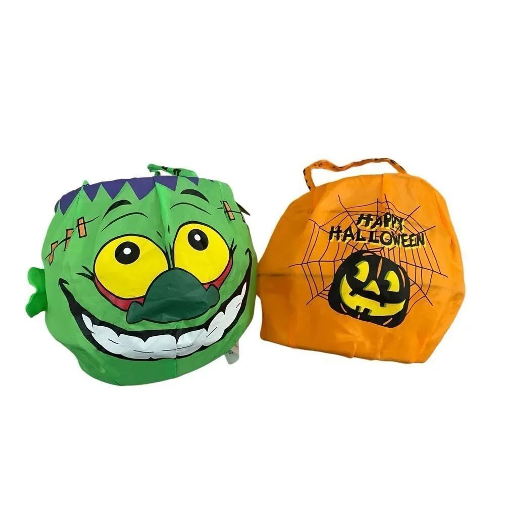 Lot Of 2 Collapsable Pumpkin Trick Or Treat Buckets Halloween Spooky Holiday
